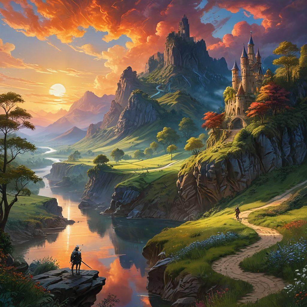 A breathtaking landscape featuring rolling hills and lush greenery, interspersed with whimsical characters like a brave knight and a mystical fairy, engaging in an adventure. Ethereal clouds hover above, framing the scene, while a sparkling river winds through the landscape, reflecting the vibrant colors of the sunset. The art style blends elements of fantasy and realism, inviting viewers to immerse themselves in the virtual experience. vibrant colors. painting.