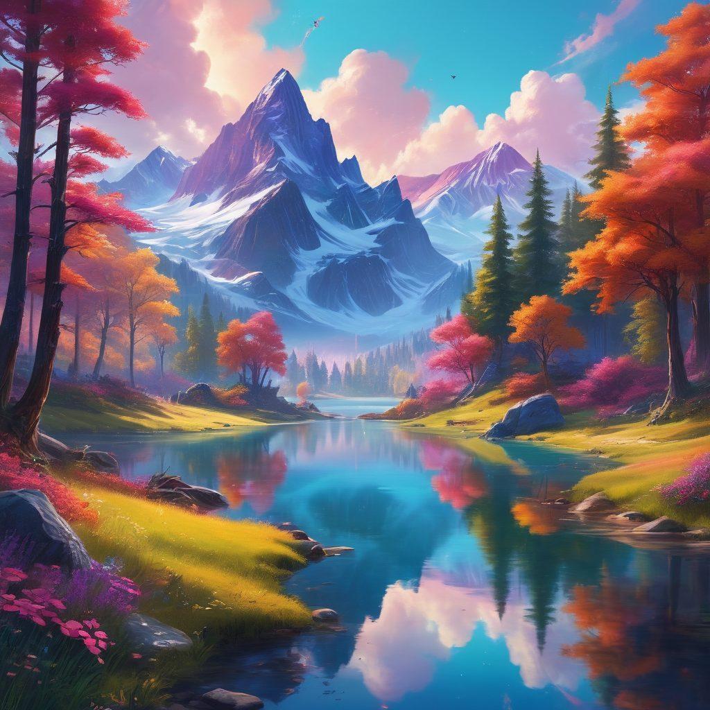 A breathtaking virtual landscape showcasing a colorful, enchanted forest filled with glowing flowers and mystical creatures. Inhabitants, represented as diverse gamers, are exploring this vibrant world, immersed in aesthetic enchantment. The horizon features majestic mountains and a shimmering lake that reflects the otherworldly beauty surrounding it. Elements of fantasy and adventure blend seamlessly, capturing the essence of gaming aesthetics. digital painting. vibrant colors. whimsical style.