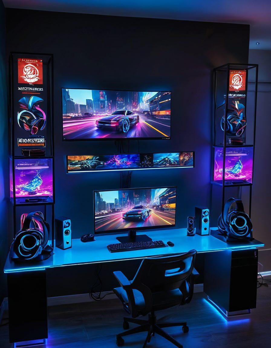 A stunning gaming setup with a sleek, futuristic design featuring RGB lighting that glows around a high-tech gaming desk. Showcase a variety of consoles, a large monitor displaying a vibrant game scene, and aesthetic decor inspired by popular game worlds. Include elements like headphones and vibrant game characters in action. Atmosphere should feel immersive and dynamic, inviting gamers into the experience. super-realistic. vibrant colors. cyberpunk.